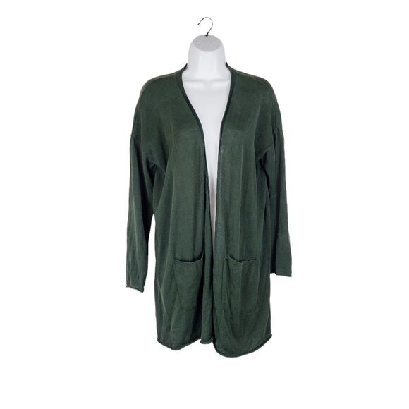 Eileen Fisher Duster Cardigan Olive Green Linen Cotton Open Front Size Medium - Picture 1 of 5